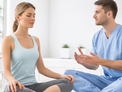 A chiropractor and female patient sitting cross-legged while discussing wellness