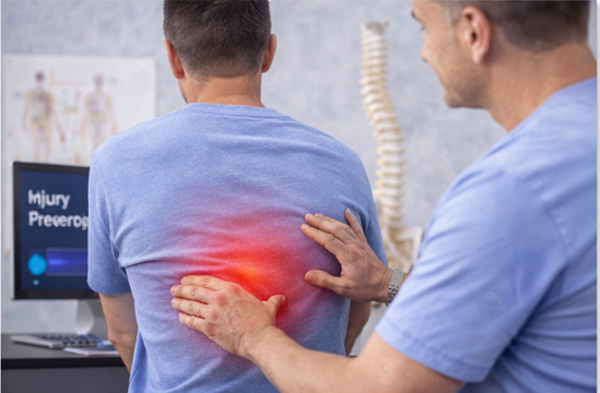 A chiropractor performing a hands-on spinal assessment with a patient during a back pain visit