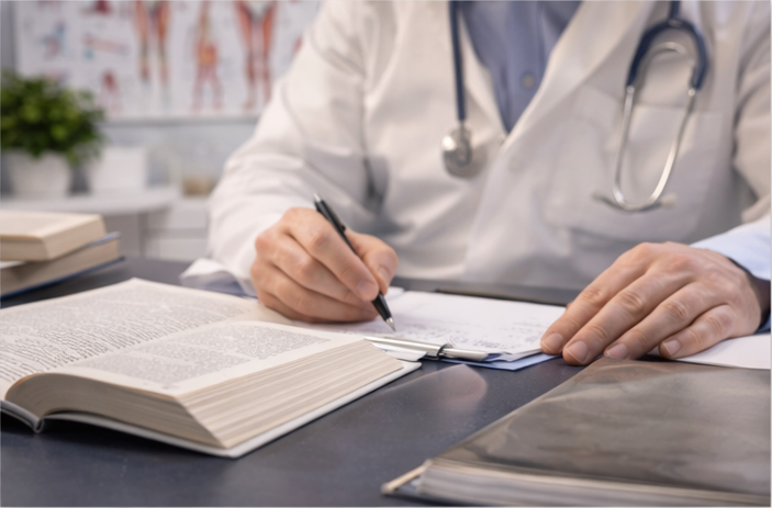 A chiropractor studying educational materials in an academic medical setting