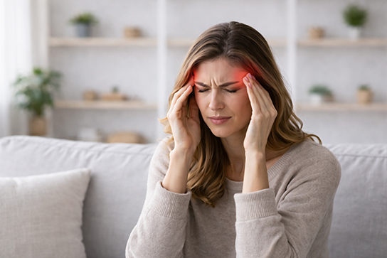 A woman pressing her fingertips to her temples while suffering from a headache or migraine