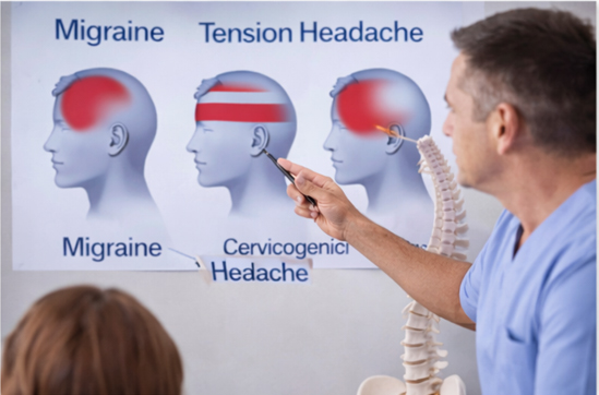 A chiropractor pointing to a poster while speaking to a patient about headaches & migraines