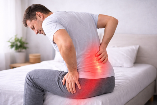 A person holding their lower back in discomfort, illustrating pain associated with sciatica