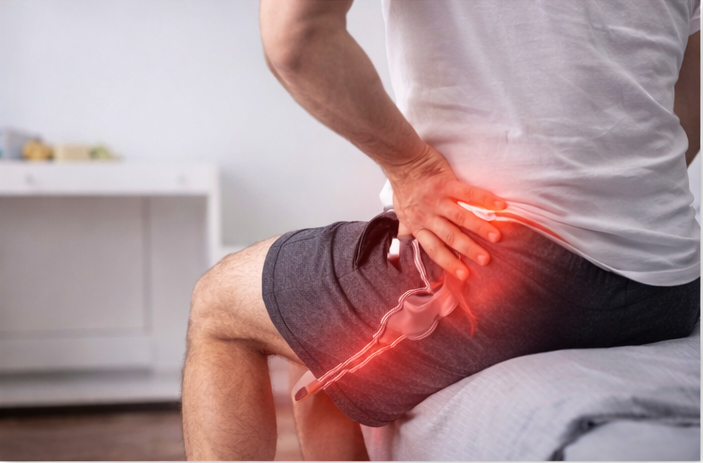 A man grabbing his lower back/hip area while suffering from sciatica