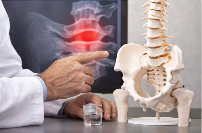 A chiropractor using a medical prop to demonstrate spinal care