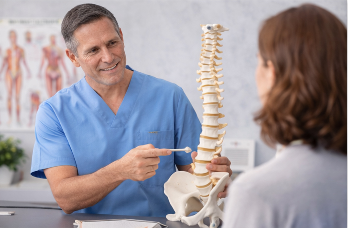 A chiropractor using a medical demonstrative device to explain scoliosis to a patient
